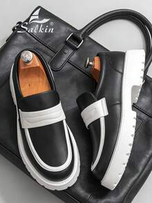 Abfuber New Designer Men's Slip-On Loafers, Soft Leather Upper, Thick Sole, Vintage British Style, Elevator Shoes. Affordable Luxury For Modern Living. Suitable For Back To School, College Students, Graduation Ceremony, Soft & Comfortable Round Toe Formal Dress Shoes, Gentlemen Business Office Commute, Daily Casual, Dating, Party, Wedding, Groomsmen. Recommend Ordering One Size Up. - Black and White - View 4