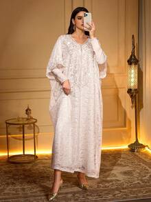 Elegant Long Sleeve Batwing Robe, V-Neck With Applique And Contrast Lace Details, Made Of Non-Stretch Woven Fabric, Flowing Design - Apricot - View 1