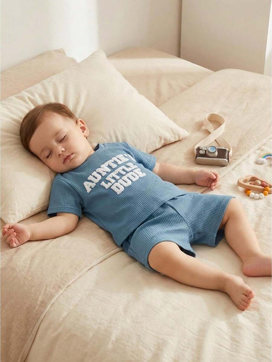 Aunties Little Dude Baby Clothes Toddler Boy 2 Piece Summer Outfit Embroidery Letter Short Sleeve T Shirts And Waffle Shorts Set - Blue - View 1