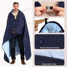 Manta hinchada para exteriores, manta de camping reversible, cálida, resistente al agua, plegable, ligera, colcha de camping, para estadio, mochilero, hamaca, picnic 79 x 55 pulgadas. - Azul real - Ver 3