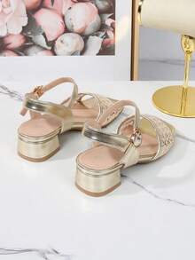 Girls' High-End Fashion Elegant Party Dress Sandals, Solid Color Open Toe High Heel Sandals, Breathable & Lightweight Formal Shoes, Mesh With Beaded Design, Suitable For Party, Performance, Banquet, Wedding, Square Toe High Heel Sandals - Gold - View 5
