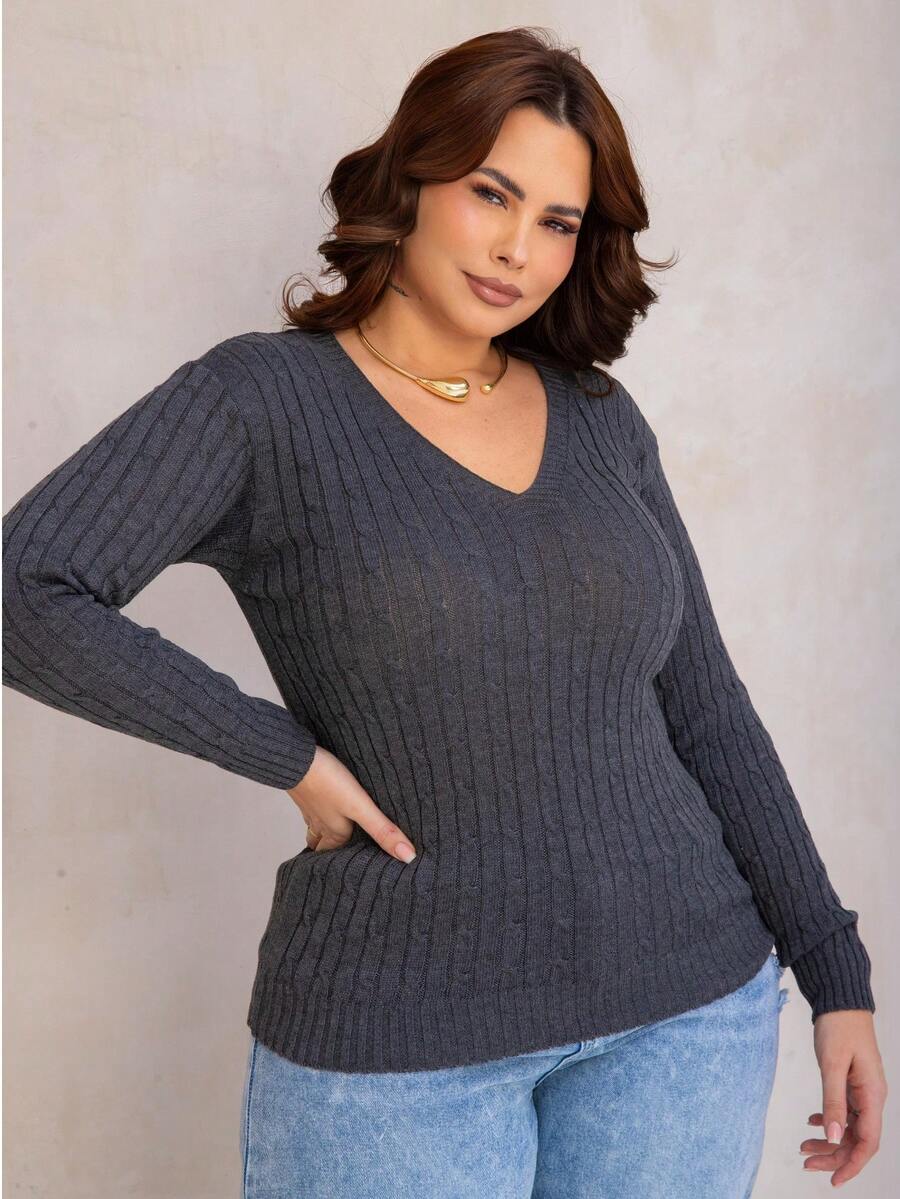 Women's Plus Size Knit Blouse With Braided Detail, V-Neck, Long Sleeves, Casual Style - 石墨 - 查看 1