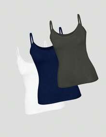 Set Of 3 Women's Basic Tank Tops With Thin Straps - Navy Blue White and Green - View 1