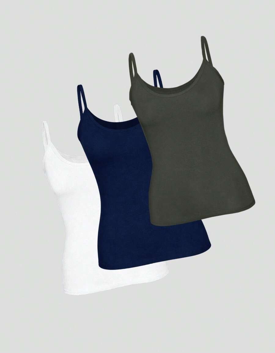 Set Of 3 Women's Basic Tank Tops With Thin Straps - Navy Blue White and Green - View 1
