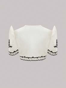 香槟色短款印花荷叶边泡泡袖圆领开衫，现代菲律宾风格，适合女性，春夏派对婚礼穿着。 - 香檳色 - 查看 2