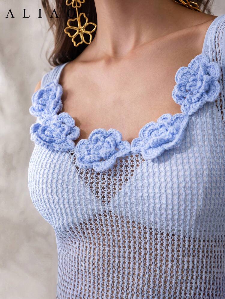 Aliao 精致 3D 立体花朵提花镂空透视 V 领收腰长裙，夏季沙滩装，优雅日常穿搭，派对礼服，新年装，复古富贵风，情人节装，婚礼宾客礼服，春季装，优雅派对礼服 - 淺藍色 - 查看 2