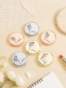 1个个性化刻字不锈钢便携镜，饰有生日花图案 - 可定制姓名，适合女性、伴娘、求婚、婚礼、生日、圣诞节等场合，优雅便携，可定制姓名 | 精致便携镜 | 刻字配饰 - 彩色 - 查看 7
