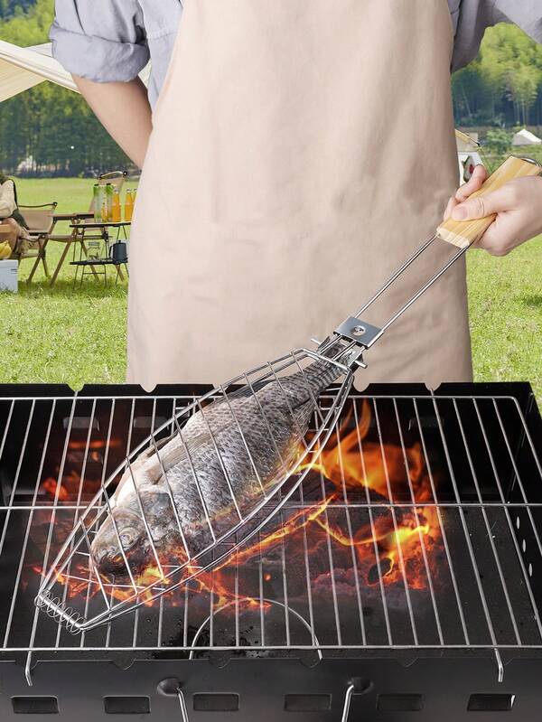 1pc Foldable Fish Grill Tongs, Extended Wooden Heat-Resistant Handle, Double-Sided Tight Grip, Non-Stick Easy Flip, Outdoor Portable Whole Fish Barbecue Tool, Home Grill Pan, Foldable Portable Easy Storage, Heat-Resistant No Deformation, Suitable For Whole Fish/Steak