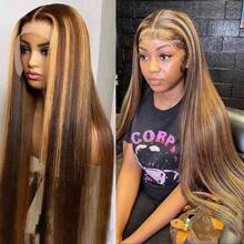 ZHUICHAO Highlight 30 Inch Ombre Honey Gold Straight Human Blended Hair Wigs Pre Bleached Knots 13x4 Large Area Invisible Lace Front Wigs With Bady Hair For Women 180% Density Can Be Free Styling Pre Plucked Synthetic Lace Wig - SP4/27 - View 5
