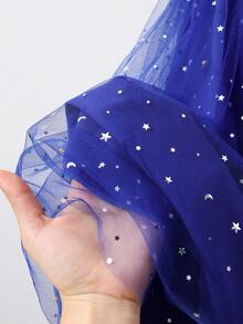 Girls Sequin Asymmetric Shoulder Lightweight Dress, Elegant Tulle Bow Princess Dress Suitable For Birthday Party - Blue - View 8