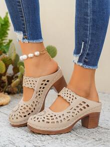 女士镂空雕花厚跟穆勒鞋，复古闭趾套脚凉鞋 - 卡其色 - 查看 3