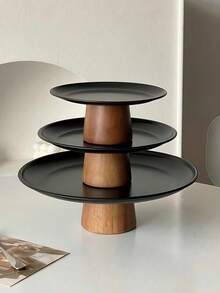 1 pièce Présentoir à gâteau en acier inoxydable avec base en bois, assiette de présentation de desserts, plateau multifonctionnel pour fruits, convient pour la décoration de table à manger, service à la maison et en cuisine, utilisation pendant le Ramadan - Noir - Voir 9