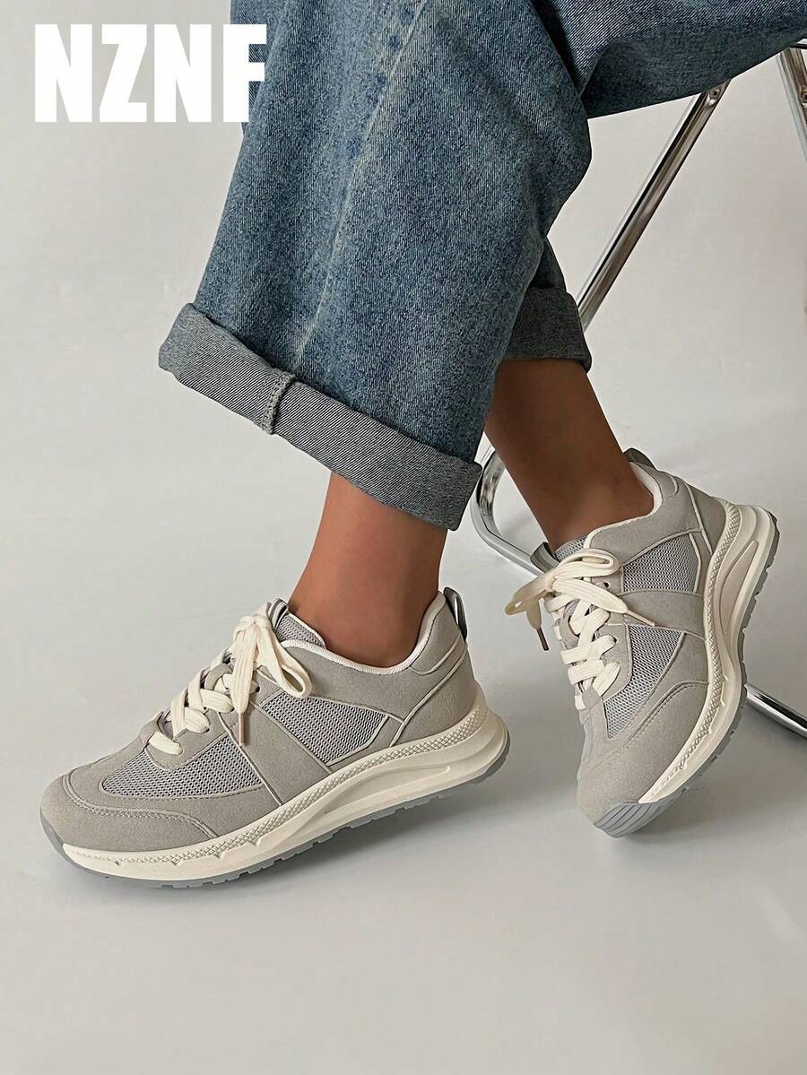 NZNF 2026 Retro German Style Sneakers, Thick Sole Chunky Sneakers, Lace-Up Patchwork, Casual Wear For Spring & Autumn - Grey - View 1