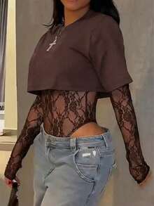 Women's Sexy Sheer Lace Short Sleeve Crop Top, Solid Color Lace Patchwork See-Through Sexy Bodysuit For Daily Wear, Dating, Single Party, Stage Performance, Spring/Summer Elegant - Chocolate Brown - View 5