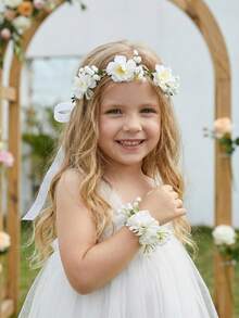 2件套米色网纱玫瑰花冠+花朵手链套装，适合女孩和女士，可用于婚礼、新娘、派对、拍照道具、周年纪念、情人节礼物、亲子装。 - 米色 - 查看 4