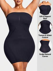 Women Plus Size Seamless Strapless Bodysuit, Removable Straps, Tight-Fitting Summer One-Piece Dress - Black - View 1
