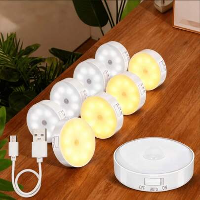 Đèn LED cảm biến chuyển động 8 bóng, đèn trong nhà kích hoạt bằng chuyển động, đèn tường tròn, cảm biến chuyển động thông minh, đèn sáng cảm biến chuyển động sạc USB, thích hợp cho văn phòng, tủ, hành lang, cầu thang, phòng ngủ, nhà để xe.