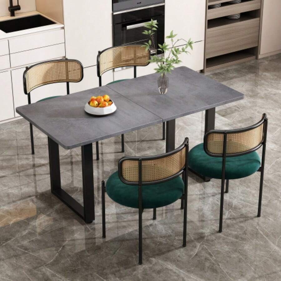 Dining Table And Chair Set, Set Of 5, 4 Velvet Dining Chairs And 1 Rectangular Dining Table, Coffee Table, Rattan Lounge Chairs, Modern And Minimalist, Grey + Green + Black - Grey - View 1