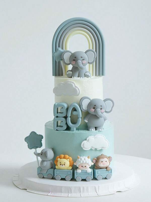 1 Stück/3 Stücke/4 Stücke Tortendekoration, Elefant & Kleine Tier Tortendekorationen, Baby Geburtstags Torte Dekoration, Baby Geburtstags Torte Ornamente, Kinderzimmer Tischdekoration, Party Szene Dekorationen