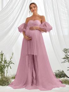 Faeriesty 优雅孕妇浅粉色露肩泡泡袖长款派对礼服 - 藕粉色 - 查看 6