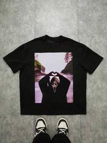 Men's T Shirts Ghost Face Heart Gesture Graphic Tee,Comfortable Casual Short Sleeve, 220 Grams Heavyweight Cotton Printed T-Shirt,Oversized,Halloween Men's Casual Print Round Neck Short Sleeve T-Shirt Standard Fit T-Shirt For Men - Black - View 1