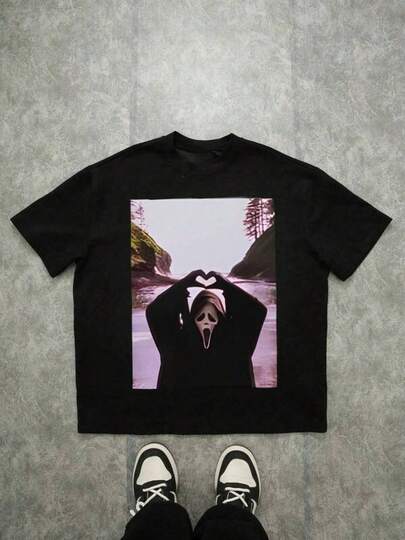 Herr-T-shirts med spökansikte och hjärtgest, bekväm, avslappnad kortärmad, 220 grams kraftig bomullstryckt T-shirt, överdimensionerad, Halloween-herr-T-shirt med rund hals och kortärmad standard passform för män