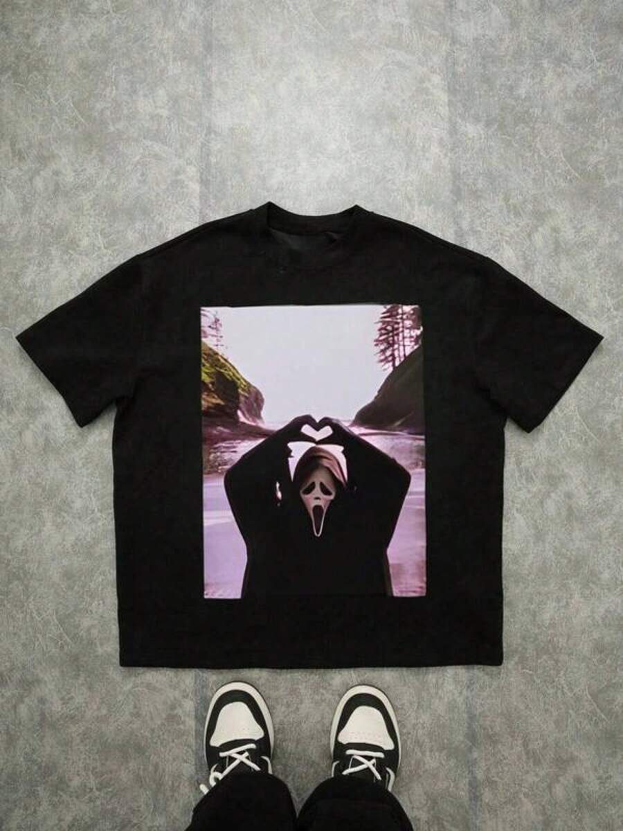 Men's T Shirts Ghost Face Heart Gesture Graphic Tee,Comfortable Casual Short Sleeve, 220 Grams Heavyweight Cotton Printed T-Shirt,Oversized,Halloween Men's Casual Print Round Neck Short Sleeve T-Shirt Standard Fit T-Shirt For Men - Black - View 1