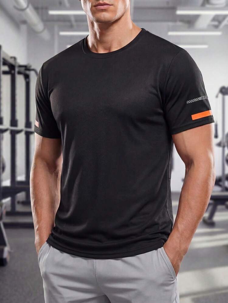 New Men's Sports Short Sleeve T-Shirt, Summer, Solid Color Lightweight Fitness Running Tee, Breathable & Comfortable, Suitable For Outdoor, Spring/Summer Casual Wear - Black - View 5