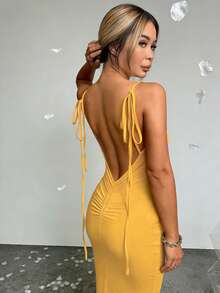 女士纯色露背吊带长裙，优雅鱼尾下摆无袖修身长裙，适合度假、约会、日常穿着、派对、夜店等各种场合，节日庆典，春夏女士长裙，黄色长裙 - Butter Yellow - 查看 7