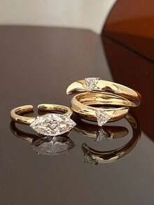 rundraw 1枚/2枚新款橄榄形双层包裹几何可叠戴简约优雅铜锆石金色开口戒指，女士适用，适合派对、通勤、宴会、订婚、婚礼、日常穿搭配饰，节日和周年纪念日送给朋友和情侣的最佳礼物 - 金色 - 查看 6