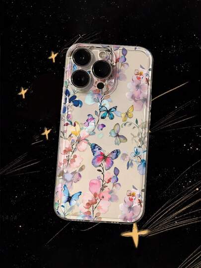 Butterfly & Floral Painted Transparent Creative Anti-Drop Phone Case Compatible With IPhone 17/17 Pro/17 Pro Max, 16/11/16 Pro/16 Plus/16 Pro Max/16e, 15 Pro Max, 13/14/12/XS/XR/7G/8P, Galaxy S25/S25 Plus/S25 Ultra, A16/A36/A26/A56/A50/A12/A32