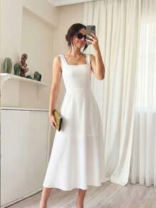 女士纯色休闲方领优雅可爱无袖中长连衣裙 白色 - 白色 - 查看 2