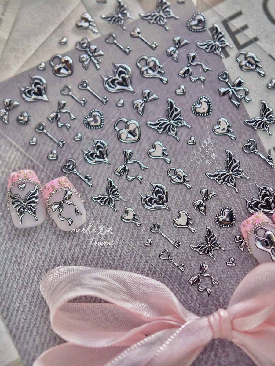 1pc Metal Nail Stickers, Dark Style Nail Stickers, Heart-Shaped Butterfly Accessories, DIY Nail Stickers - Multicolor - View 1