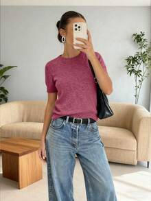 New Spring/Summer Women Knit Short Sleeve Top, Casual Minimalist Watermelon Red Solid Color Crew Neck Pullover, Suitable For Daily Wear And Commuting - Plum Red - View 3