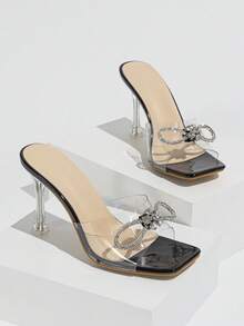 Women's Classic Slippers, Transparent Heel Rhinestone Bow Slip-On Mules, Peep Toe High Heel Sandals, Breathable Party Sexy Shoes, Black - Black - View 4
