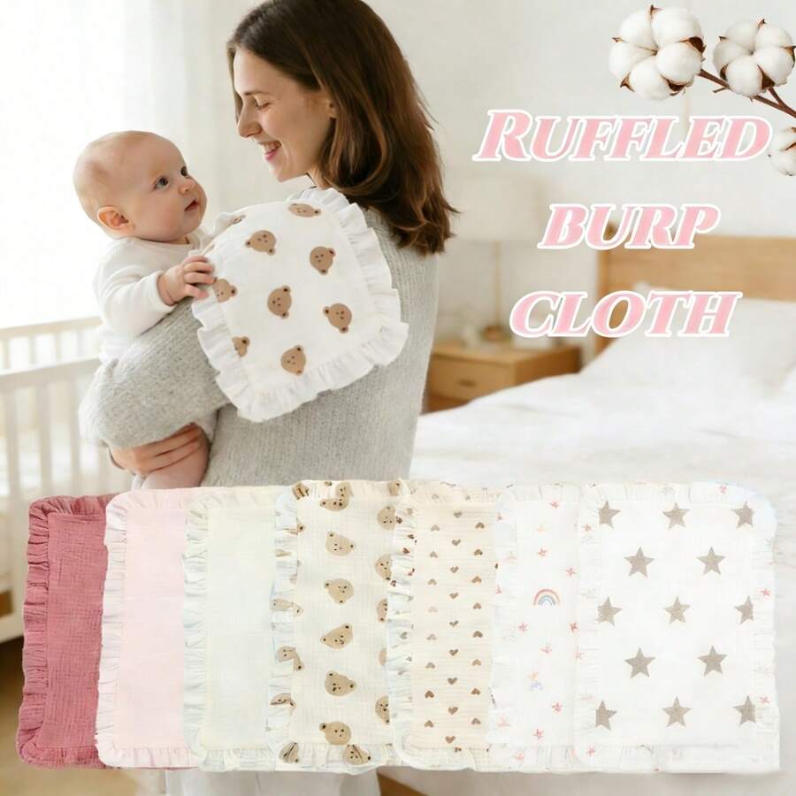 2pcs/Pack Cotton Baby Muslin Swaddle Blankets, Solid Color & Printed, Multifunctional Burp Cloths, Newborn Bibs With Ruffle Edges - Multicolor - View 1