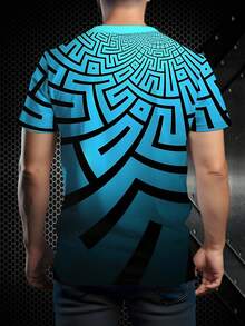 3D数码印花渐变蓝至藏青色迷宫图腾图案宽松圆领卫衣，适合街头服饰、派对和日常通勤，展现独特的几何美学和个人风格。 - 彩色 - 查看 2