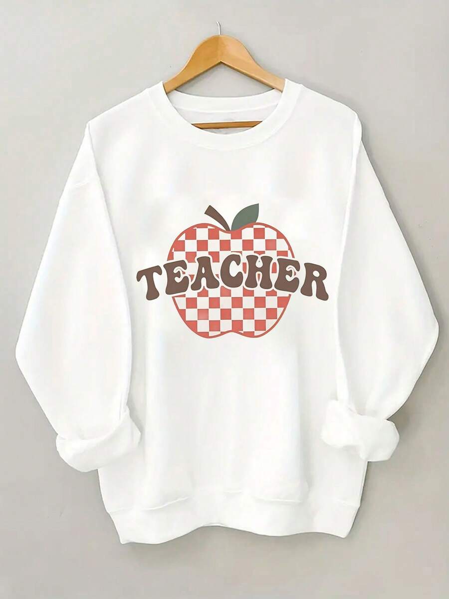 Women's Round-Neck Sweatshirt Teacher Print Pullover Sweatshirt, Autumn And Spring Casual Long-Sleeve Round-Neck Sweatshirt, Women's Clothing Autumn - 白色 - 查看 1