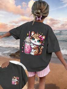 Tween Girl Cute Beverage & Donut Print Round Neck T-Shirt, Summer Top - Dark Grey - View 3