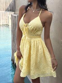 Unadoll Women's Low Cut Backless Lace Up, Neck And Waist Cinching Pleated Fabric Sexy Dress, Suitable For Dates, Vacations, Beaches, Valentine's Day Outfits - Yellow - View 7
