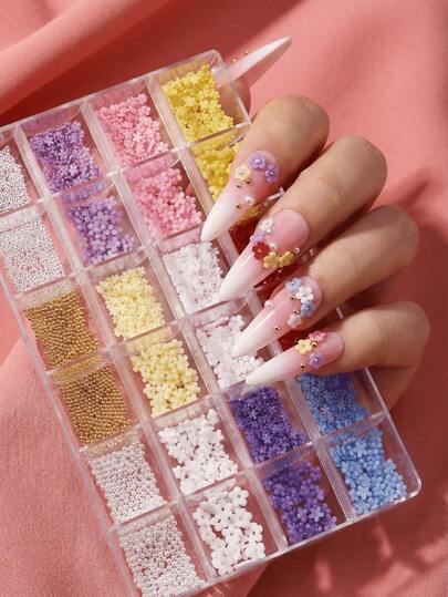 1盒3D美甲饰品，混合色迷你树脂五瓣花，配金银珠子和仿珍珠，DIY美甲配件，美甲用品，指甲