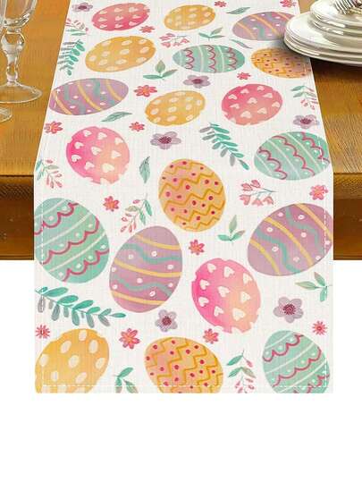 Linen Easter Table Runner, Spring Easter Egg Decor For Country Home, Dining Room, Kitchen, Happy Easter Bunny Table Runner, Watercolor Easter Egg Table Runner And Placemat, Party Kitchen Dining Decor, Easter Egg Hunt Party Supplies, Easter Decorations, Easter Bunny Decor, Easter Gifts, Rustic Spring Decor, Elegant Kitchen Decor, Tabletop Decor