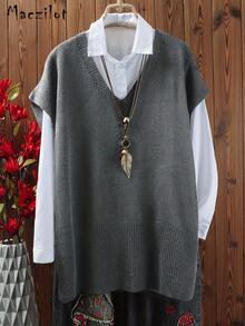 Plus Size Women Plus Size Pullover Sweater, Casual Comfortable V-Neck Sleeveless Knit Top - Grey - View 1