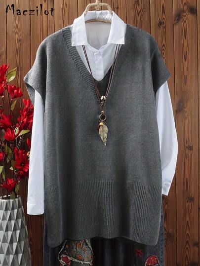 大码女式套头毛衣，休闲舒适V领无袖针织上衣