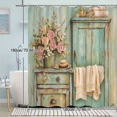 1pc Vintage Floral Shower Curtain, Featuring Distressed Turquoise Design With Pink And White Rose Flowers In A Golden Vase, Paired With Pastel Green Walls, Perfect For Shabby Chic Home Decor, Includes Hooks, Bathroom Decor, Home Bathroom Accessory, Best Gift