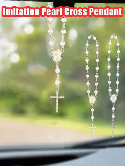 1pc Pearl Cross Rose Rosary Rearview Mirror Hanging Decor - Elegant Catholic Religious Rearview Mirror Accessory, Car Rearview Mirror Charm, Religious Gift, With Glossy Beads - Fits Most Cars/SUVs - Baptism/Communion/Christmas Inspired Gift - Car Accessories, Automotive, Car Decor, Car Interior Accessories, Automotive Supplies, Car Essentials