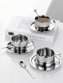 三件套咖啡杯套装，米兰咖啡杯套装，咖啡杯碟勺，马克杯，咖啡杯，高品质不锈钢材质，意式浓缩咖啡杯，手冲咖啡杯 - 銀色 - 查看 2