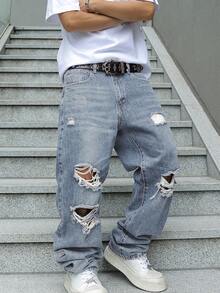 Men's Ripped Jeans Relaxed Fit Straight Leg Distressed Vintage Denim Pants Y2K Hip Hop Skater Streetwear Casual Trousers - 淺色水洗藍 - 查看 5