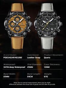 POEDAGAR 1件男士时尚休闲石英日历计时腕表，PU皮表带，防水夜光，适合日常佩戴，男士礼物 - 黑色 - 查看 9