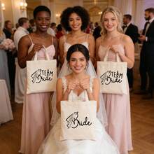 新娘/伴娘帆布手提袋，适合女性，可重复使用，适合购物，优雅，可作伴娘礼物袋，创意婚礼装饰，新娘茶会礼物袋，独特婚礼装饰 - 杏色 - 查看 4